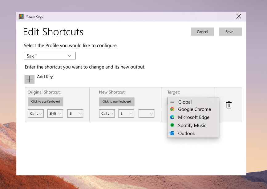 Edit Shortcuts Settings alt text